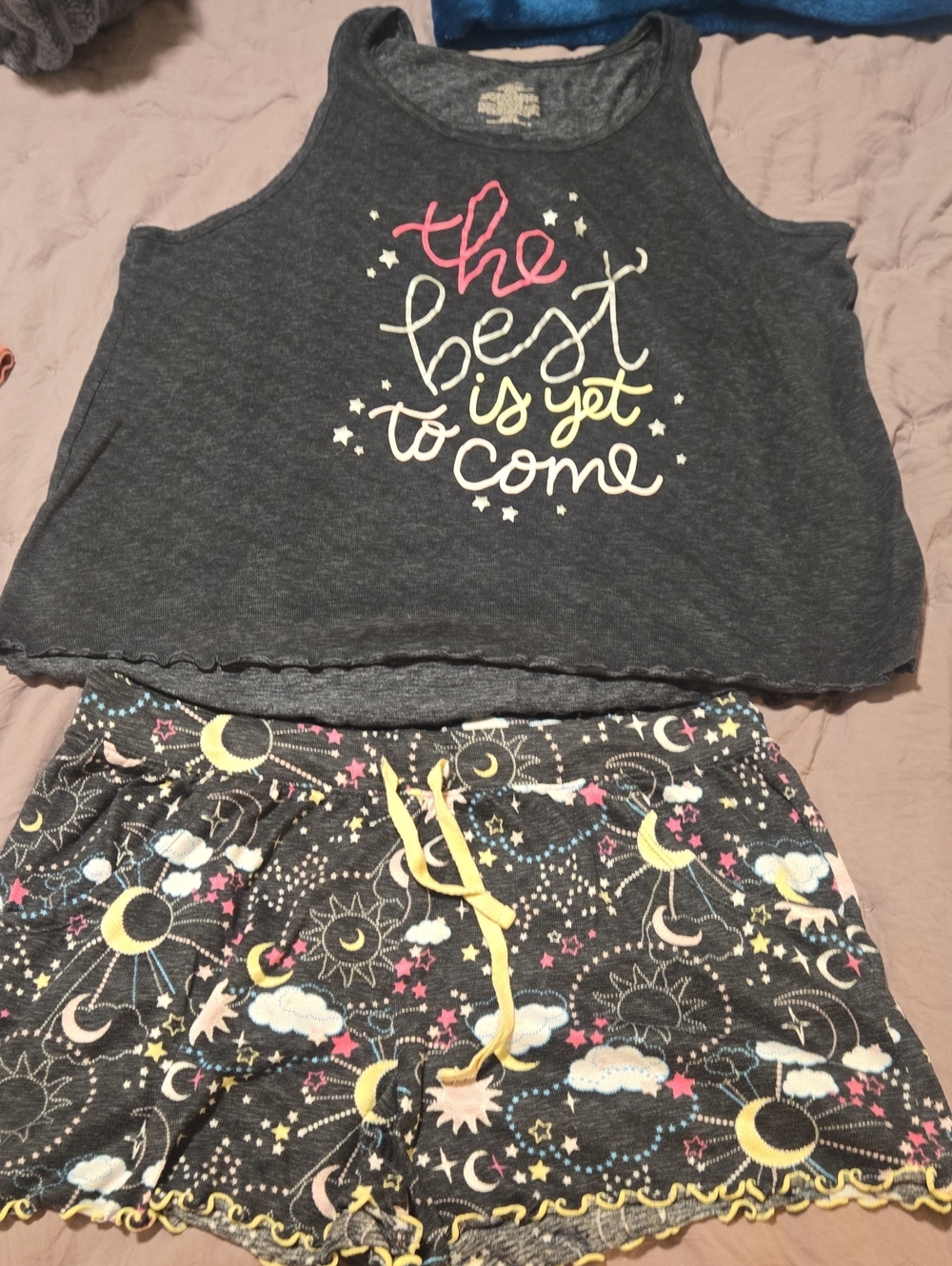 Secret Treasures Dark Gray Pajama Set with Yellow and Pink Accents